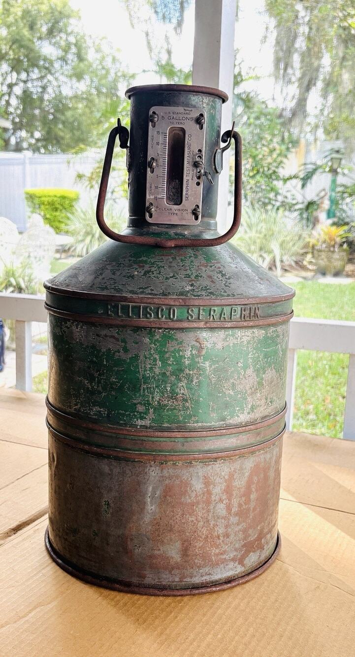 Vintage Ellisco Seraphin 5 Gal Gas Station Test Measure Petroliana Rustic Decor
